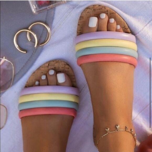 Qupid Women's Puffy Strappy Cork Slide Sandal with Pastel Colors in Size 7 - Picture 9 of 11